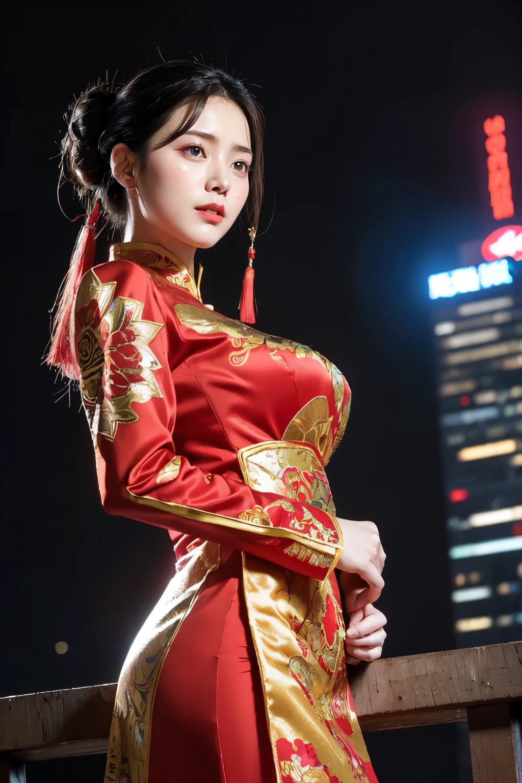 (Лучшее качество,ультрадетализированный,реалистичный:1.37), цифровая иллюстрация, ( женщина в традиционном китайском костюме), Детализированные глаза и лицо, красивые детализированные губы, красные губы, сексуальное тело, большая грудь,длинные ресницы, большая грудь:1.5, (Фото крупным планом),  Капитан Америка в традиционном китайском костюме, длинные волосы, прическа пучок, ((Сделай фото снизу бедра)),яркие цвета, Драматическое освещение, стиль комиксов,  женщина в китайском костюме, позиция:стоя, соблазнительная поза, небоскреб фон, посмотреть темное небо, высокие здания