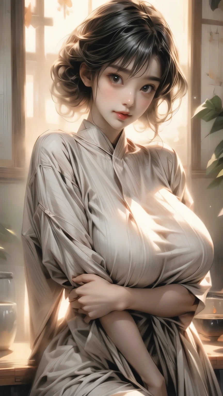 fille japonaise,  nu, nu, suggestif,(Cheveux moyens:1), énormes seins lourds, énormes seins tombants, (poils pubiens:1)