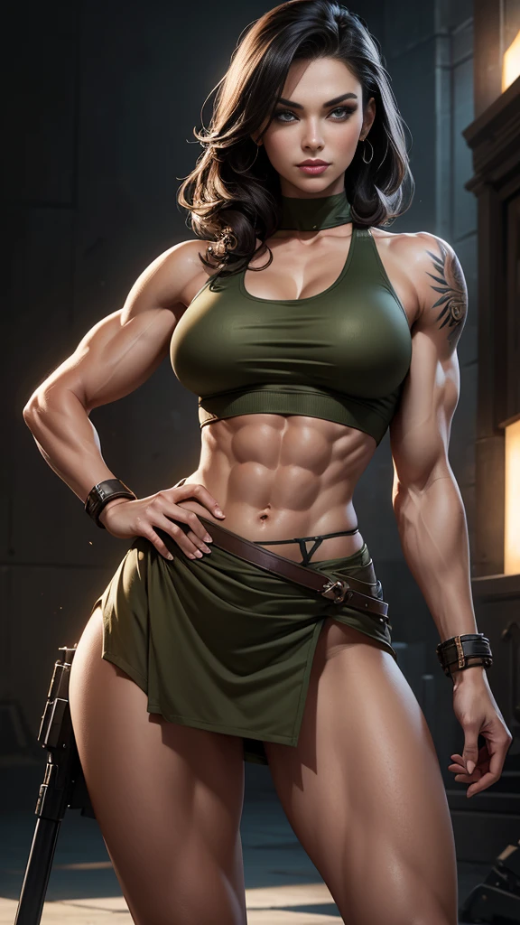 A gorgeous and stunning female soldier fighting on the battlefield, smirking, tall, statuesque, imposing, towering, biceps, triceps, eight pack abs, extremely defined abs, tank top, wide shoulders, narrow hips, narrow waist, huge breasts, slim, slender, toned, long eyelashes, make up, perfect eyes, eyeliner, perfect lips, long fingers, delicate fingers, long nails, supermodel, tattoo on shoulder, (military uniform),