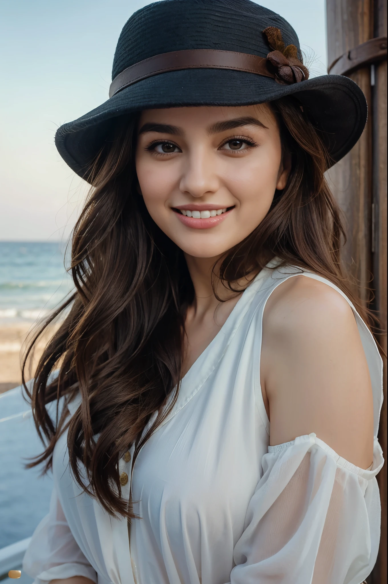 A close up of a woman wearing a hat near the ocean - SeaArt AI