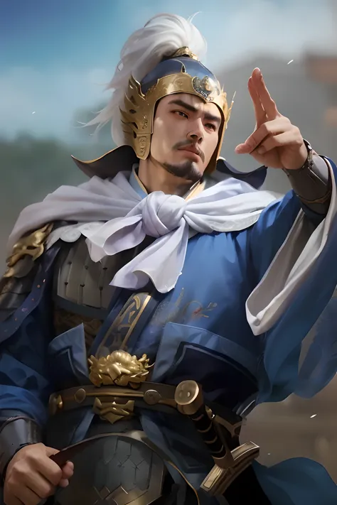 Dressed in blue and gold、Alafid man holding sword, heise jinyao, zhao yun, Inspired by Huang Shen, dragon, Inspired by Cao Zhiba...