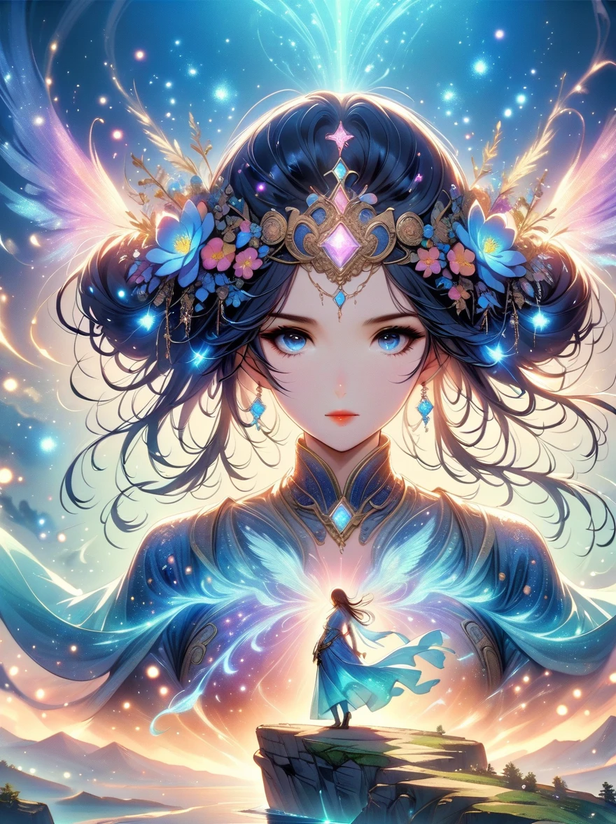 A figure stands on a cliff, enveloped in swirling streams of cosmic energy, amidst a dreamy, nebulous landscape. The silhouette of the person is wrapped in a flowing, ethereal gown that merges with the celestial currents. The sky is a tapestry of deep purples and blues, sprinkled with stars, and the landscape below is hinted at with soft, rolling mountains. The scene is one of tranquility and the sublime, capturing the majestic essence of the cosmos with a single, contemplative figure standing in awe.