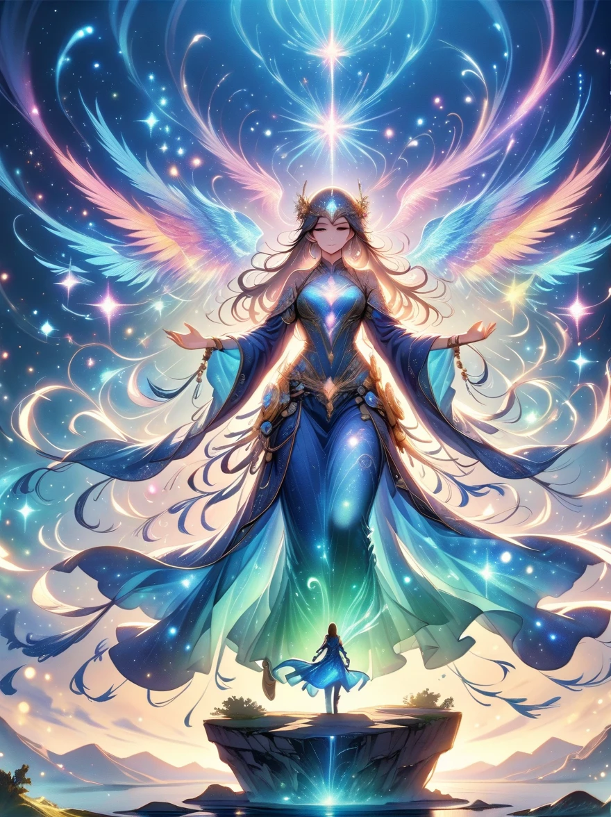 A figure stands on a cliff, enveloped in swirling streams of cosmic energy, amidst a dreamy, nebulous landscape. The silhouette of the person is wrapped in a flowing, ethereal gown that merges with the celestial currents. The sky is a tapestry of deep purples and blues, sprinkled with stars, and the landscape below is hinted at with soft, rolling mountains. The scene is one of tranquility and the sublime, capturing the majestic essence of the cosmos with a single, contemplative figure standing in awe.