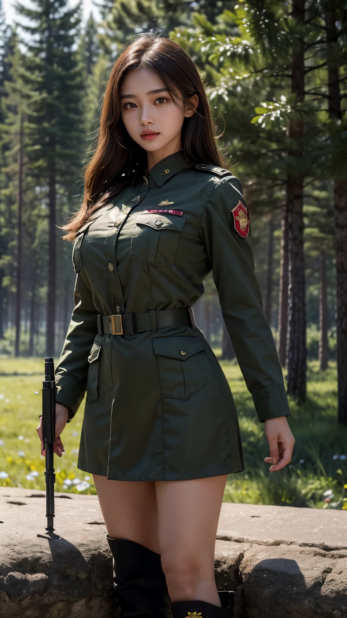 8k, highest quality, ultra detailed:1.37), Eliana, ((18 years)), a beautiful Asian girl, ((proudly stands in a military uniform)), representing her role as a soldier. She wears a fitted olive green dress. The high-resolution image captures ultra-detailed realism, highlighting Eliana's determined expression, piercing eyes, and confident stance. The backdrop showcases an forest, adding to the authenticity and significance of the image. This visually striking representation showcases Eliana's strength and dedication as a soldier, cute knees, ((Lake)), ((Pine trees)), Beautiful Smile 1:2, ((Detailed face)), ((Perfect body figure)), ((Detailed hair)), ((Detailed Dress)), Tanker, Army vehicle, ((S-500 missile launcher)), Missile fired from Launcher, k, heavy Armour vehicles, ((rose Flower in hand)), ((Super round breast under the uniform)),