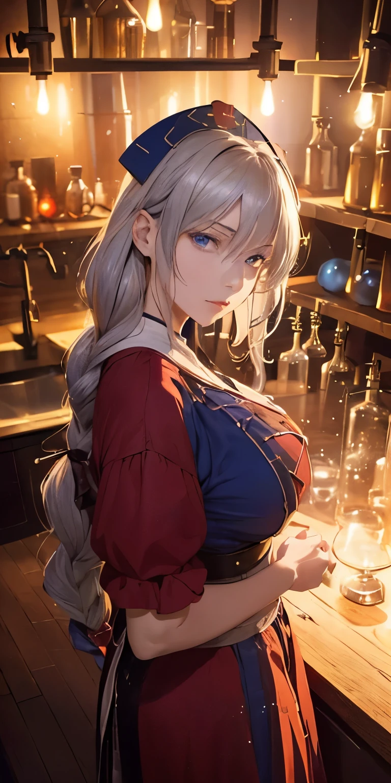 (masterpiece, best quality:1.3), (story, manga:1.3), Yagokoro Eirin, Touhou Series, perfect face, expressive eyes, 1woman, looking at viewer, 3, gorgeous body, big breast, beautiful, anime, lora,1woman, silver hair, braid hair, nurse cap, red and blue clothes, long skirt, (evil look, looks down on viewer:1.5), (cinematic lighting, realistic, dream-like, enchanting atmosphere:1.3), (photo of a woman in her dark and mysterious environment:1.3), (the woman surrounded by an aura of mystery and intrigue:1.3), (a dark and mysterious laboratory decorated with many flasks, each filled with colorful liquids:2.0), (a crystal ball nearby, adding to the mystical setting:1.3), (a hint of incense in the air, adding to the sensory experience:1.3), 