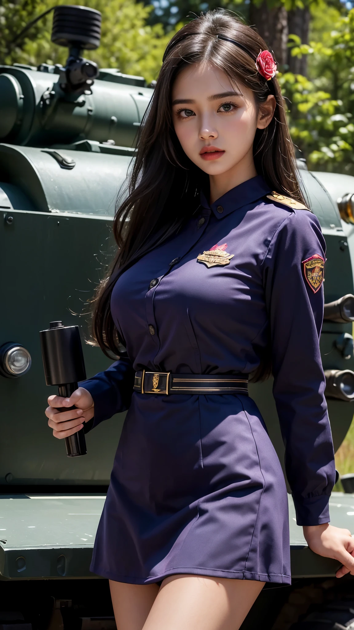 8k, highest quality, ultra detailed:1.37), Eliana, ((18 years)), a beautiful Asian girl, ((proudly stands in a military uniform)), representing her role as a soldier, ((She wears a fitted Purple dress)), The high-resolution image captures ultra-detailed realism, highlighting Eliana's determined expression, piercing eyes, and confident stance. The backdrop showcases an forest, adding to the authenticity and significance of the image. This visually striking representation showcases Eliana's strength and dedication as a soldier, cute knees, ((Lake)), ((Pine trees)), ((Detailed face)), ((Perfect body figure)), ((Detailed hair)), ((Detailed Dress)), Tanker, Army vehicle, ((S-500 missile launcher)), Missile fired from Launcher, k, heavy Armour vehicles, ((rose Flower in hand)), ((Super round breast under the uniform)), Hot lips, Stylish look, (Black hair), hairpin, Hairband 