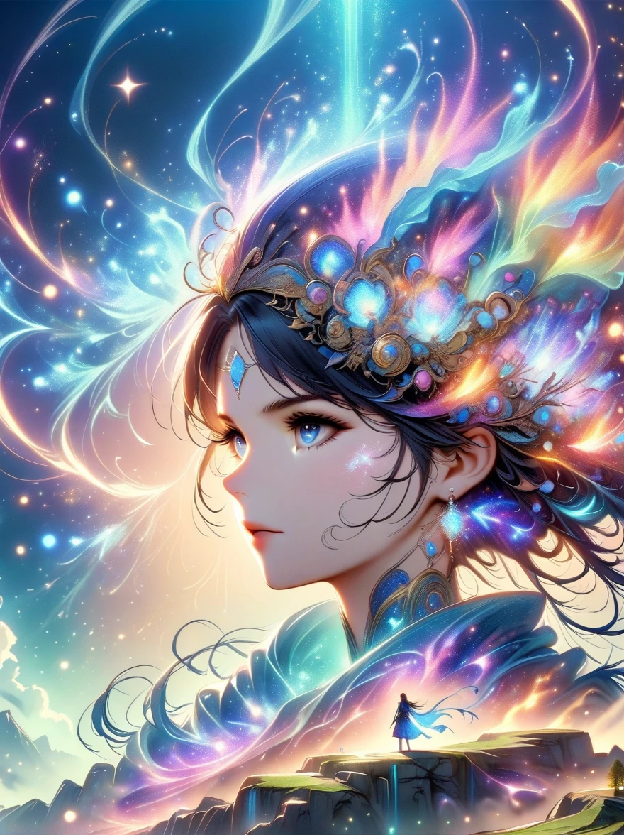 A figure stands on a cliff, enveloped in swirling streams of cosmic energy, amidst a dreamy, nebulous landscape. The silhouette of the person is wrapped in a flowing, ethereal gown that merges with the celestial currents. The sky is a tapestry of deep purples and blues, sprinkled with stars, and the landscape below is hinted at with soft, rolling mountains. The scene is one of tranquility and the sublime, capturing the majestic essence of the cosmos with a single, contemplative figure standing in awe.