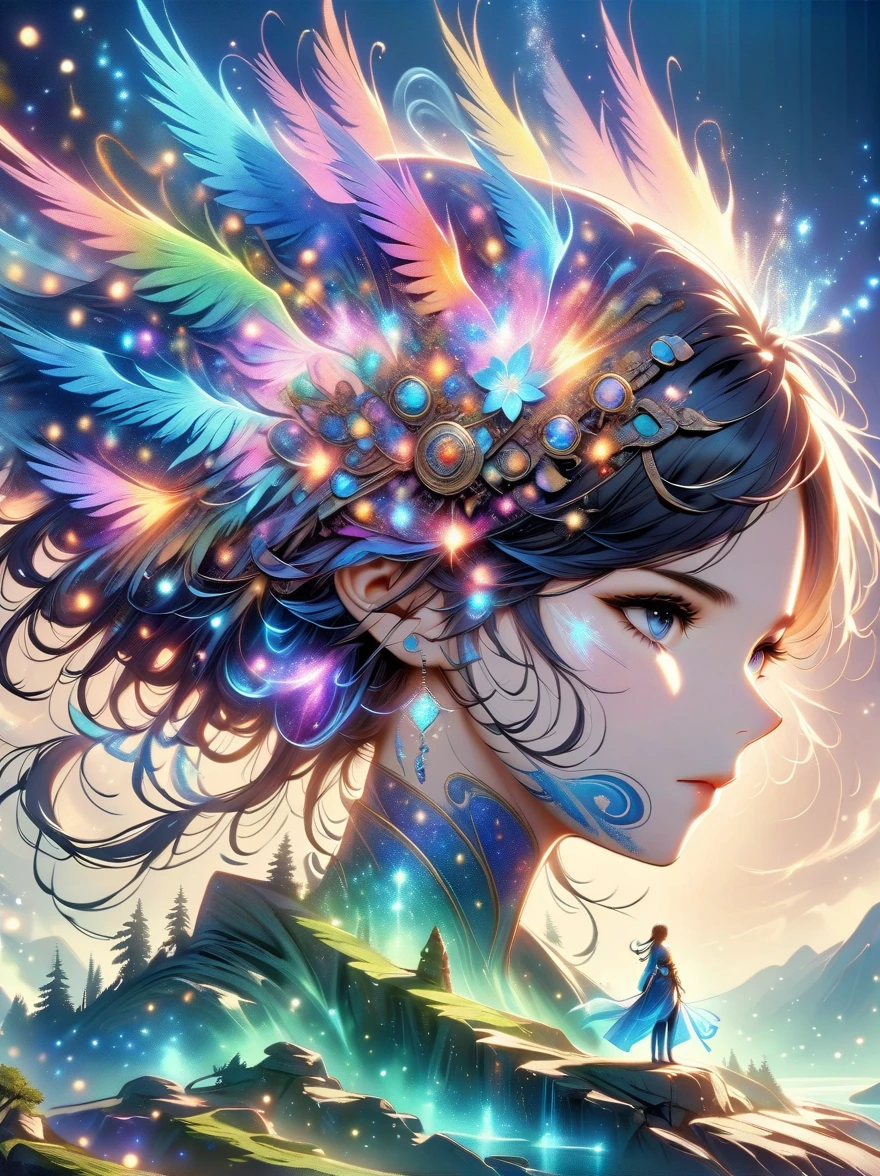 A figure stands on a cliff, enveloped in swirling streams of cosmic energy, amidst a dreamy, nebulous landscape. The silhouette of the person is wrapped in a flowing, ethereal gown that merges with the celestial currents. The sky is a tapestry of deep purples and blues, sprinkled with stars, and the landscape below is hinted at with soft, rolling mountains. The scene is one of tranquility and the sublime, capturing the majestic essence of the cosmos with a single, contemplative figure standing in awe.