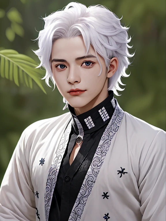 Demon Slayer Swordsman, (sanemi shinazugawa), un hombre musculoso de aspecto imponente, pale skin, albino, short, wild-looking white hair with one strand of hair in the center and another on one side of the face, tiene varias cicatrices horizontales en la cara, ojos grandes de color morado claro, manic expression, sonriendo con los ojos muy abiertos, lleva puesto el uniforme de asesino de demonios sin abotonar, showing his muscular torso and the numerous scars he has on his body, abdominales marcados, lleva puesta una chaqueta haori blanco (demon slayer) (kimetsu no Yaiba)