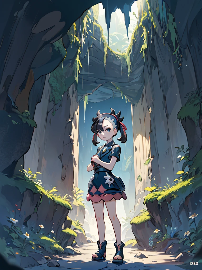 ((pokemon'smarnie:1.2)),(super detailed illustrations:1.2),(masterpiece, 8K), (最high quality, high quality:1.4), perfect anatomy, very detailed, super detailed,masterpiece background,beautiful detailed background, v8K wallpaper,perfect design,award winning art,stand in front of the photo、highest quality、cute girl、、、 girl、inside a dark cave, The cave continues deeper,A dark cave covered in moss, (dramatic light:1.3), 
woman, female brat,goblin、Only one person depicted:1.2,flower, full body:1.2