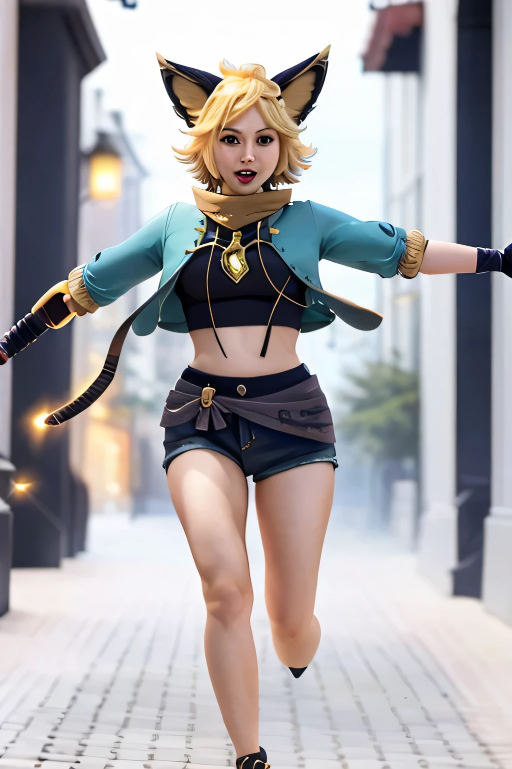 (masterpiece, best quality, high quality, highres, ultra-detailed),Joy_mlbb,1girl,short hair,blonde,animal ears,tail,midriff,navel,detailed eyes,electricity, running,