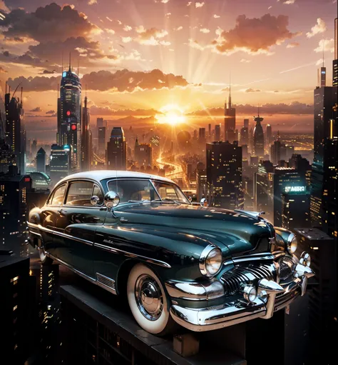 A brilliant Mercury 1949 sport car headlights on in the foreground, in the background is a sci fi city with a lot of buildings l...