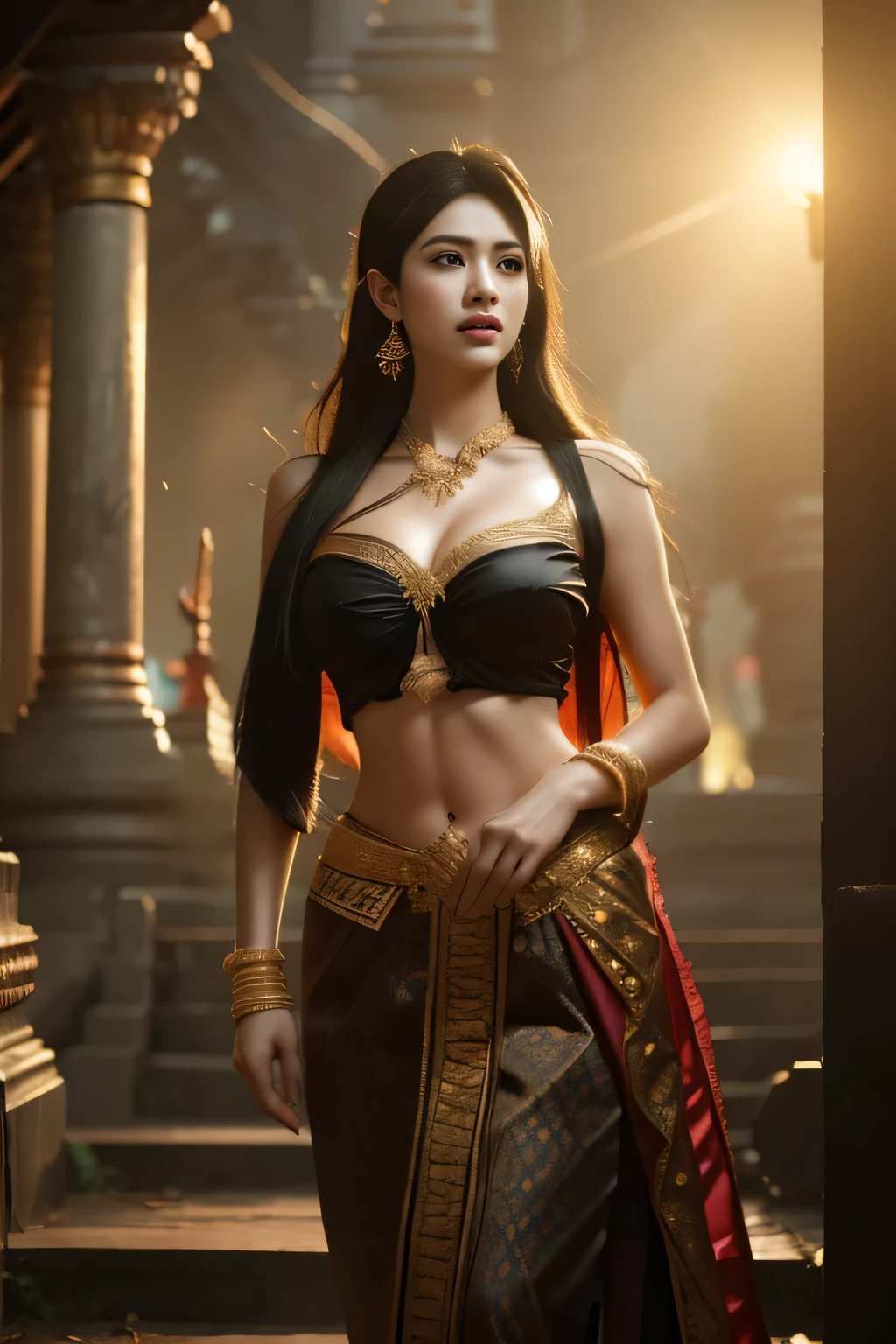 hermosa chica ,Guerrera de Tailandia, caminando en el templo tailandés, poses dinámicas, chut tailandés, Cabello Ondulado Largo,ojos negros,Músculos abdominales, cuerpo regordete, Pecho redondeado, (pecho grande:1.3), escote, sol de la mañana, Ojos en la audiencia, (poses dinámicas), ((detalles de la cara)), párpados dobles, ya, Realista, obra maestra, de la máxima calidad, Destello de lente, sombra, Antiguo templo, temple, [[aberración cromática]], por Jeremy Lipking, by Antonio J. Manzanedo, pintura digital, hdr, alto contraste
