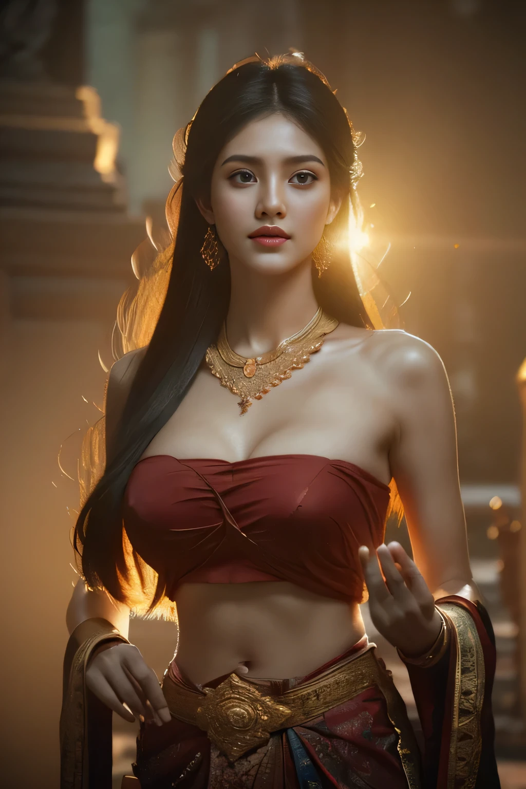 hermosa chica ,Guerrera de Tailandia, caminando en el templo tailandés, poses dinámicas, chut tailandés, Cabello Ondulado Largo,ojos negros,Músculos abdominales, cuerpo regordete, Pecho redondeado, (pecho grande:1.3), escote, sol de la mañana, Ojos en la audiencia, (poses dinámicas), ((detalles de la cara)), párpados dobles, ya, Realista, obra maestra, de la máxima calidad, Destello de lente, sombra, Antiguo templo, temple, [[aberración cromática]], por Jeremy Lipking, by Antonio J. Manzanedo, pintura digital, hdr, alto contraste
