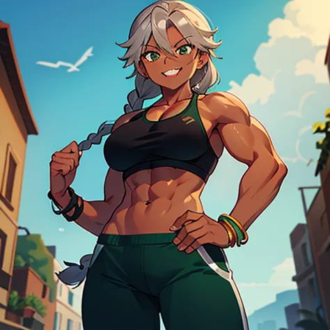 Muscular,women,gray hair,brown skin,Lazio hair, a braid over the shoulder, green eyes,black gym bra,pants,Sharp teeth,smile,Brac...