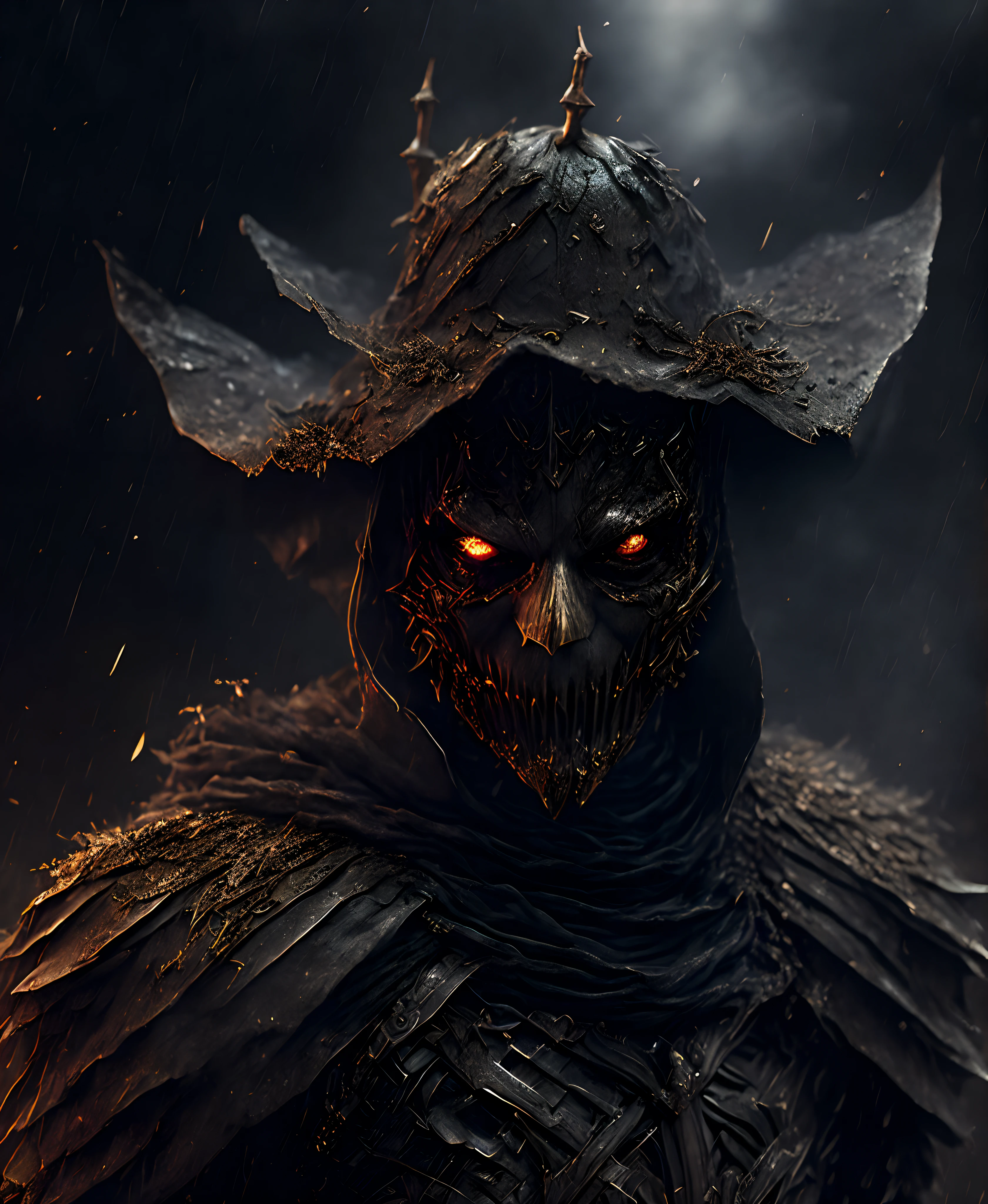 Close-up (Scarecrow from DC in Goth style: 1.3) emerging from wet black mud, extremely detailed, smoke, sparks, metal shavings, flying debris, volumetric light