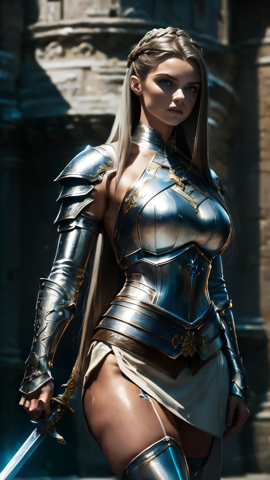 (masterpiece:1.4), best quality, hyper quality, refined rendering, highly detailed, super fine illustration, highres, ultra-detailed, detailed face, stunning art, best aesthetic, amazing, high resolution, UHD, 1girl, (((full body, full body shot, strong look, haughty expression))), Female knight princess, (mature woman:1.2), (((perfect face, pretty face, frown, encouraged look))) (muscular:1.2), fit, (wearing light armor:1.3, highly decorated armor, delicate details, white mini skirt, intrincate skirt design, leather straps, highly detailed clothes, aromored over knee boots), blue eyes, ((Long hair, platinum brown hair, ponyatil:1.4)), warrior look, Setting is a mediaval town, exposed navel, (abs:1.2, exposed abs), Highly detailed, european, leg muscles, (bulky:1.2), leather straps, (large breasts:1.3), waist up, wide waist, bubble butt, stocky, (tall:1.4), (((holding sword, kinght sword, decorated sword))), castle background, depth of field, 8k, sharp focus, cinematic lighting, fill lighting, indirect ambience lighting,