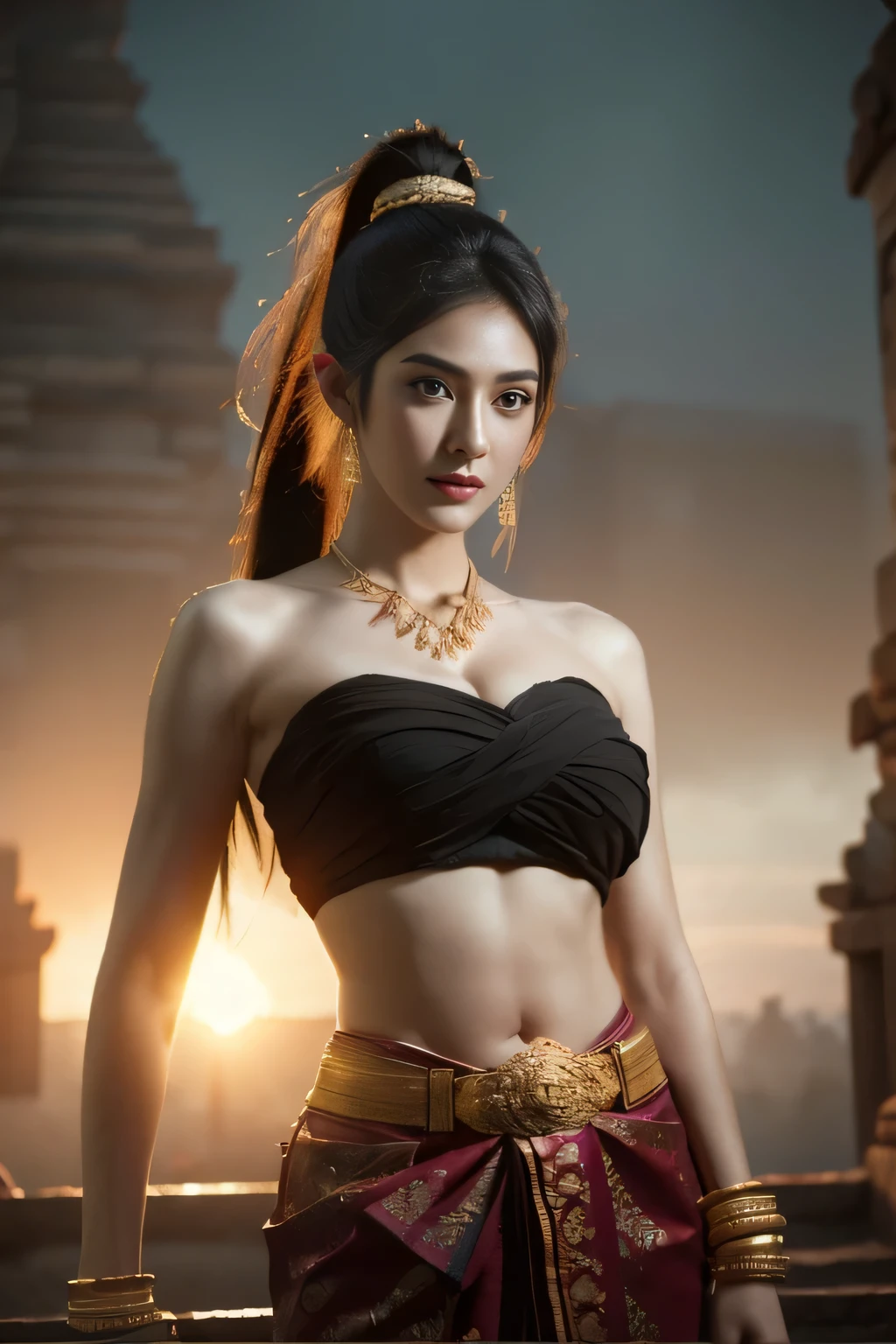 hermosa chica ,Guerrera de Tailandia, caminando en el templo tailandés, poses dinámicas, chut tailandés, pelo largo de cola de caballo,ojos negros,Músculos abdominales, cuerpo regordete, Pecho redondeado, (pecho grande:1.3), escote, sol de la mañana, Ojos en la audiencia, (poses dinámicas), ((detalles de la cara)), párpados dobles, ya, Realista, obra maestra, de la máxima calidad, Destello de lente, sombra, Antiguo templo, temple, [[aberración cromática]], por Jeremy Lipking, by Antonio J. Manzanedo, pintura digital, hdr, alto contraste
