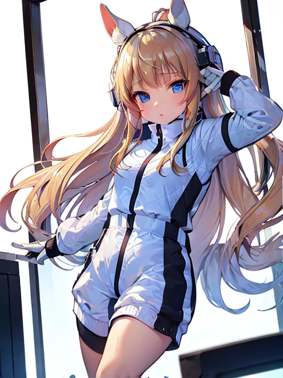 ((masterpiece))、highest quality、(Whole body wide angle)、Neo Universe(Umamusume)、(1 girl、solo)、(horse ears、Uma Musume)、beautiful blue eyes、No expression、(blonde long hair)、spread hair、((small breasts))、(astrovest):2,bing_astronaut,(((training wear)))、closed mouth、at the gym、Training Equipment