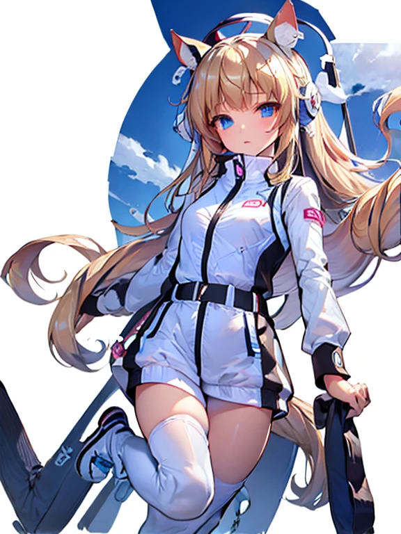 ((masterpiece))、highest quality、(Whole body wide angle)、Neo Universe(Umamusume)、(1 girl、solo)、(horse ears、Uma Musume)、beautiful blue eyes、No expression、(blonde long hair)、spread hair、((small breasts))、(astrovest):2,bing_astronaut,(((training wear)))、closed mouth、at the gym、Training Equipment