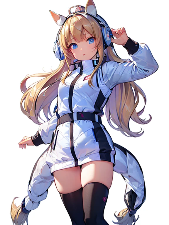 ((masterpiece))、highest quality、(Whole body wide angle)、Neo Universe(Umamusume)、(1 girl、solo)、(horse ears、Uma Musume)、beautiful blue eyes、No expression、(blonde long hair)、spread hair、((small breasts))、(astrovest):2,bing_astronaut,(((training wear)))、closed mouth、at the gym、Training Equipment