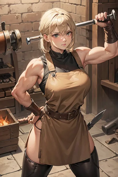 strong female blacksmith wearing leather apron over a plain beige slavic shirt, holding a blacksmithing hammer, muscular arms
