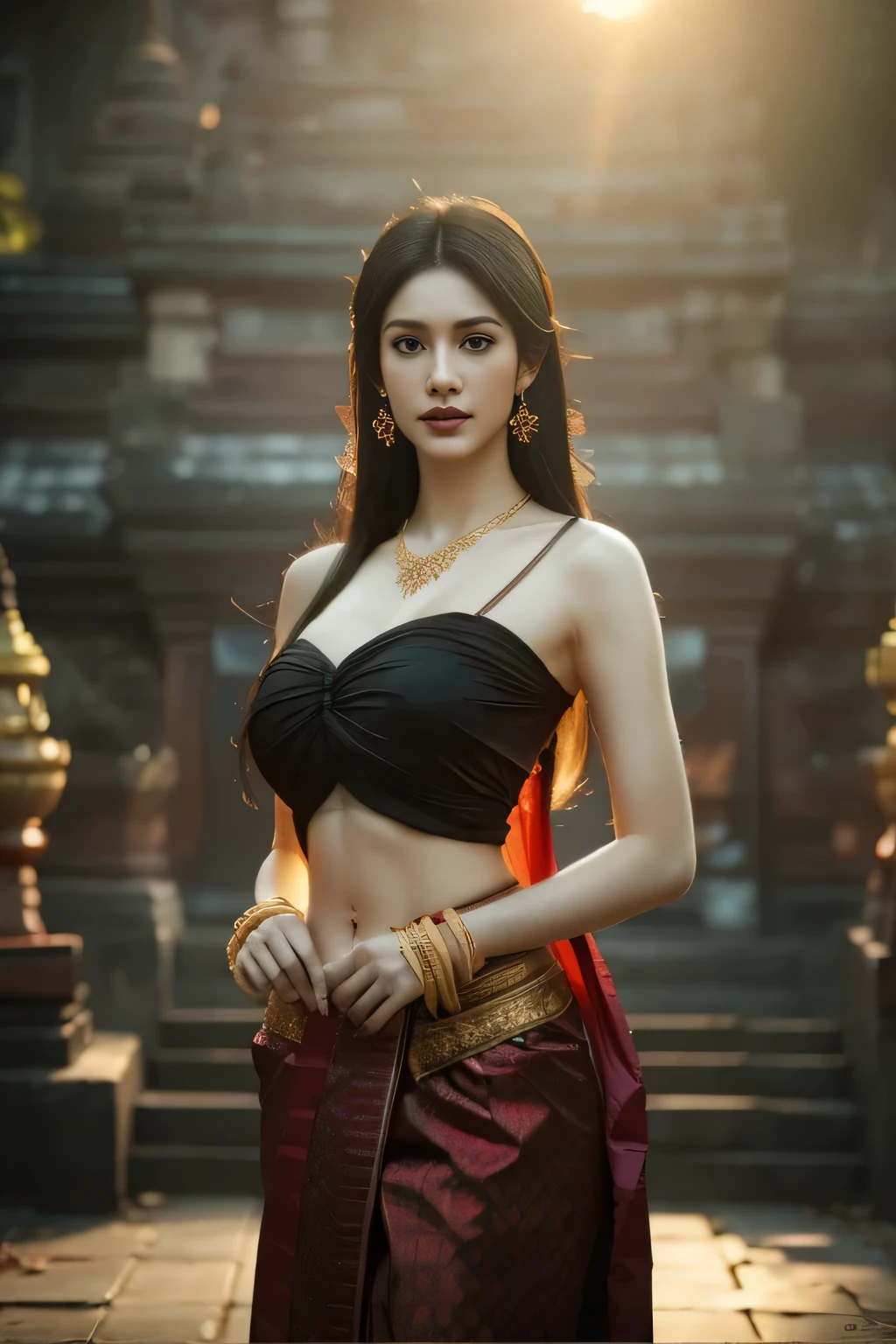 beautiful girl ,Thailand Female Warior, walking at thai temple, dynamic poses, chut thai dress, long hair,black eyes,abdominal muscles, plumpy body, rounded breast, (big breast:1.3), cleavage, Morning sunshine, Eyes on the audience, (sexy poses), ((face details)), Double eyelids, reeds, realistic, masterpiece, highest quality, lens flare, shade, old temple, temple, [[chromatic aberration]], by Jeremy Lipking, by Antonio J. Manzanedo, digital painting, HDR, high contrast
