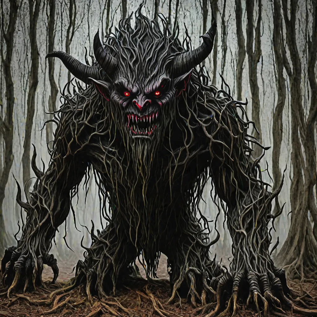 (masterpiece, best quality:1.2), monster, demon, creature make from roots, wooden demon, horror, devil
