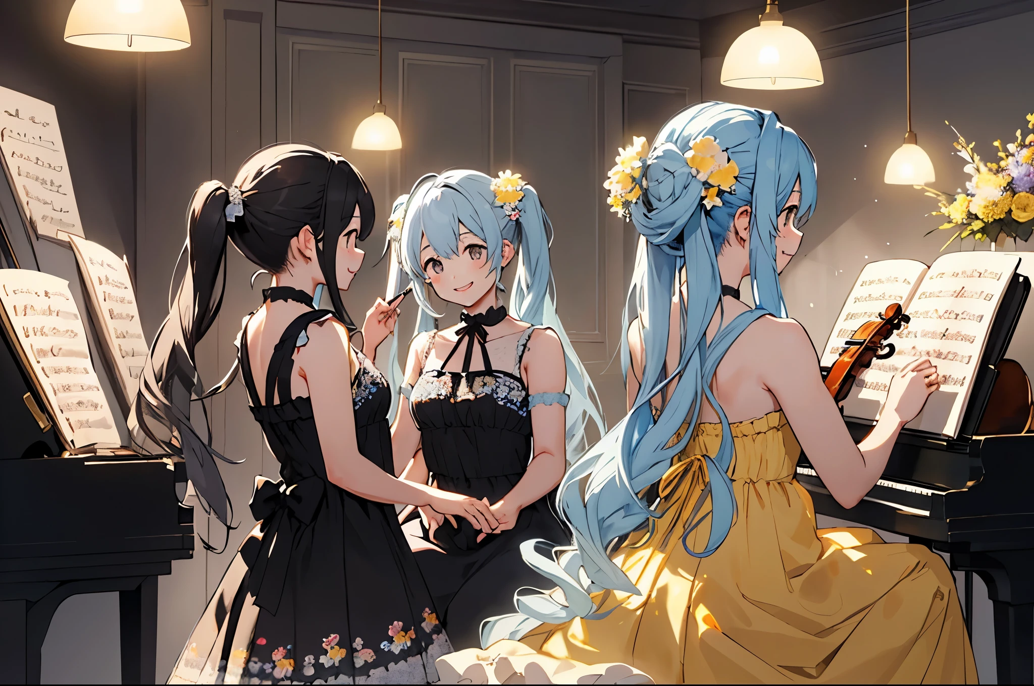 Three anime girls in dresses are playing music on a piano - SeaArt AI