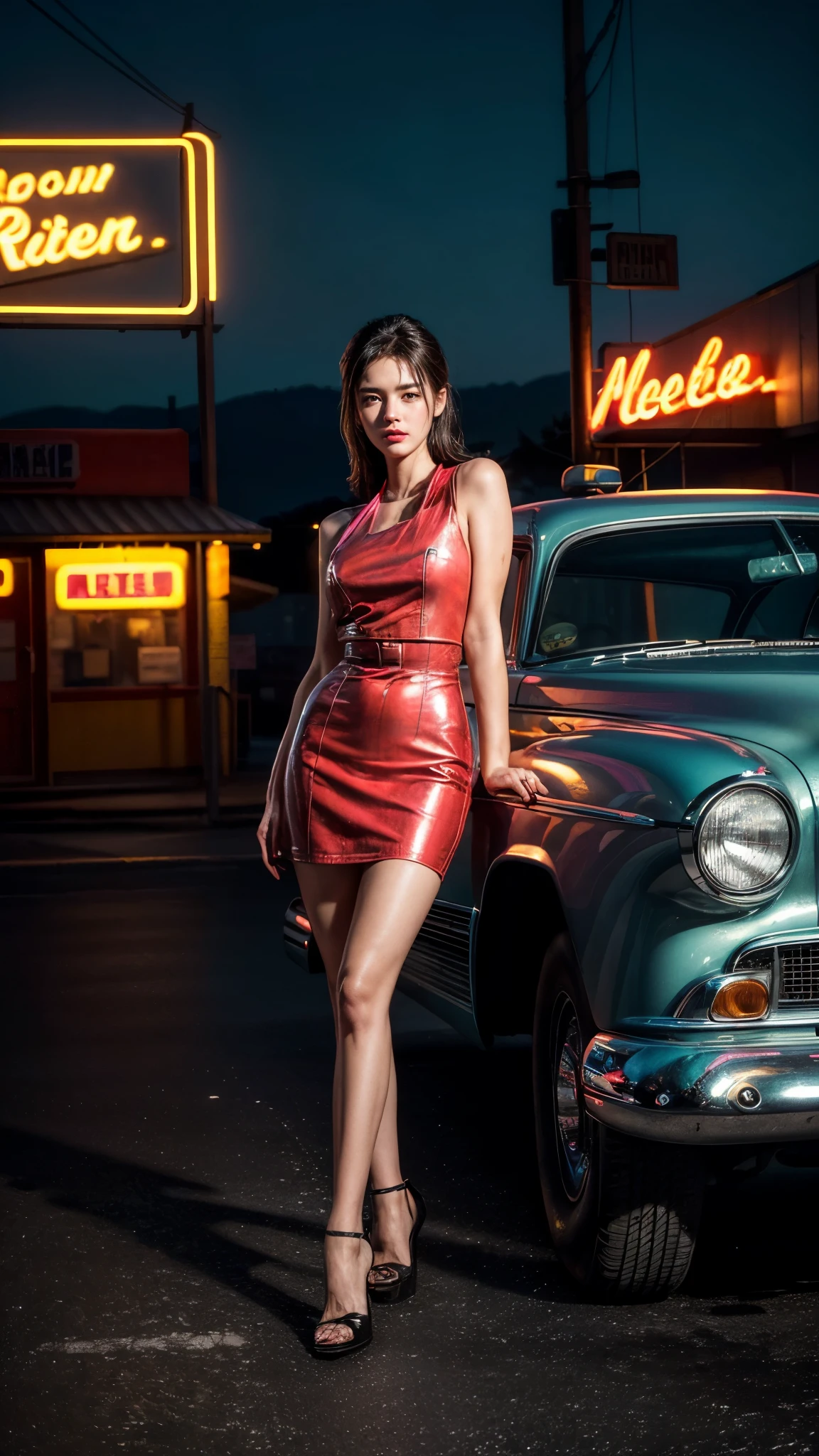 ((masterpiece, highest quality, Highest image quality, High resolution, photorealistic, Raw photo, 8K)), arafed view of a motel with a car parked in front of it, with neon signs, A woman waiting for a guest in front of a motel, seduction, short dress and high heels, route 6 6, neon signs, 1 9 5 0 s americana tourism, some have neon signs, neon lights outside, neon advertisements, gigantic neon signs, neon shops, by Arnie Swekel, few neon signs, neon signs in background, (Just 1 meter away from Picture Taken), k, (full body with close up shot), Ray Tracing CG Unity 8k walpaper, 