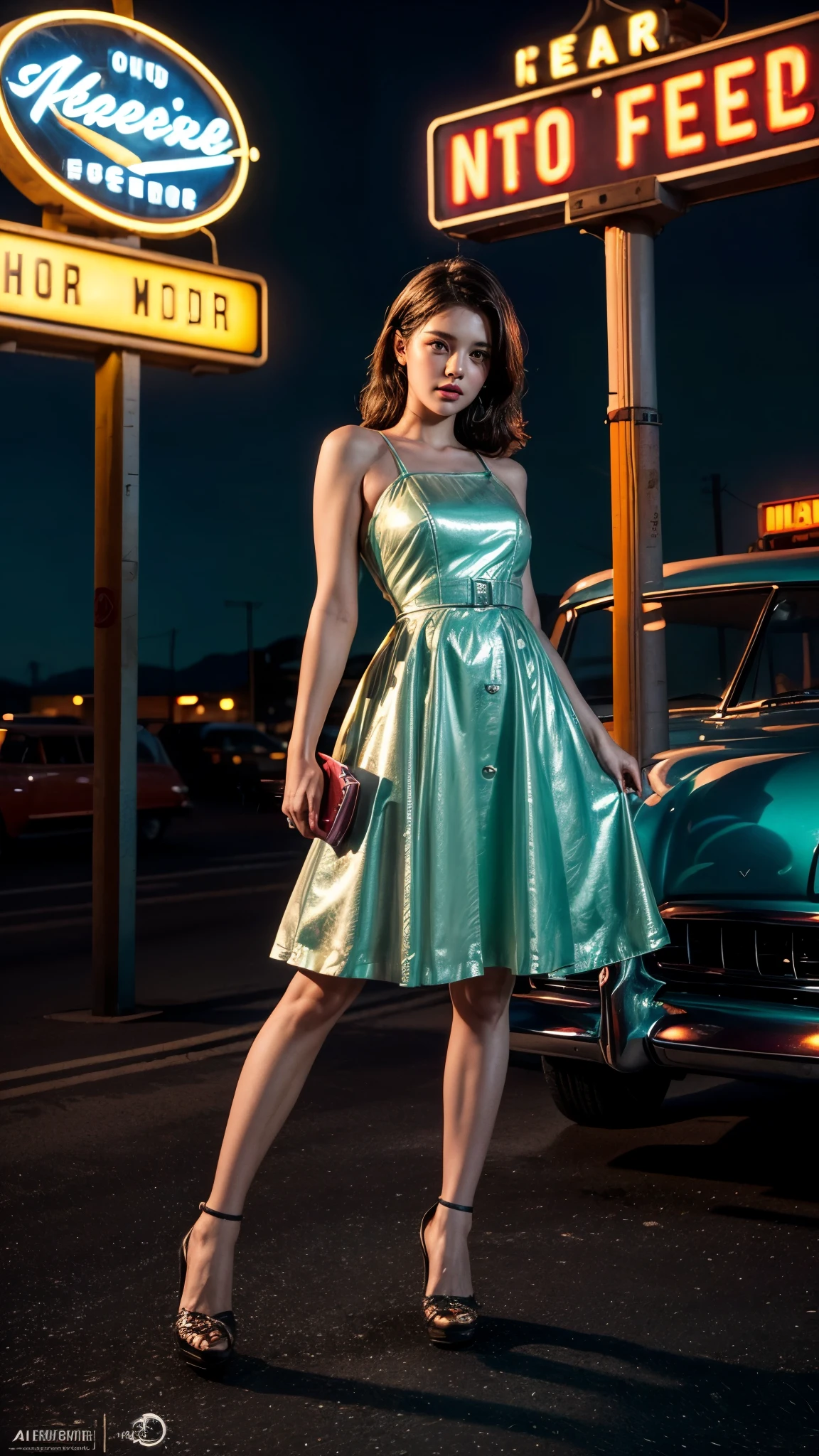 ((masterpiece, highest quality, Highest image quality, High resolution, photorealistic, Raw photo, 8K)), arafed view of a motel with a car parked in front of it, with neon signs, A woman waiting for a guest in front of a motel, seduction, short dress and high heels, route 6 6, neon signs, 1 9 5 0 s americana tourism, some have neon signs, neon lights outside, neon advertisements, gigantic neon signs, neon shops, by Arnie Swekel, few neon signs, neon signs in background, (Just 1 meter away from Picture Taken), k, (upper body shot), Ray Tracing CG Unity 8k walpaper, (Detailed Dress), (Detailed body), (detailed skin), 