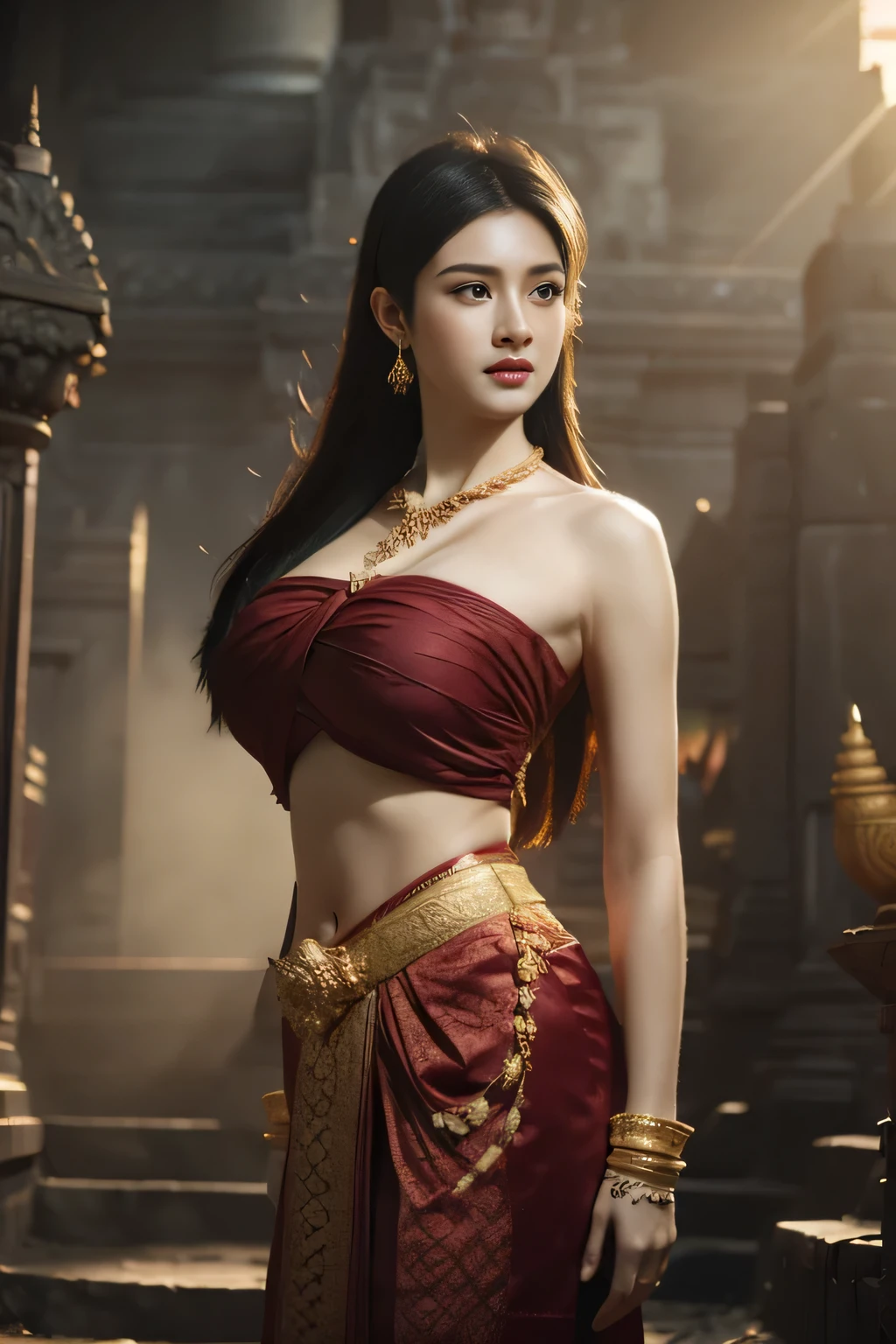 hermosa chica ,Guerrera de Tailandia, caminando en el templo tailandés, poses dinámicas, vestido chut tailandés, Camisa de tirantes, pelo largo,ojos negros,Músculos abdominales, cuerpo regordete, Pecho redondeado, (pecho grande:1.3), escote, sol de la mañana, Ojos en la audiencia, (poses sexys), ((detalles de la cara)), párpados dobles, ya, Realista, obra maestra, de la máxima calidad, Destello de lente, sombra, Antiguo templo, temple, [[aberración cromática]], por Jeremy Lipking, by Antonio J. Manzanedo, pintura digital, hdr, alto contraste
