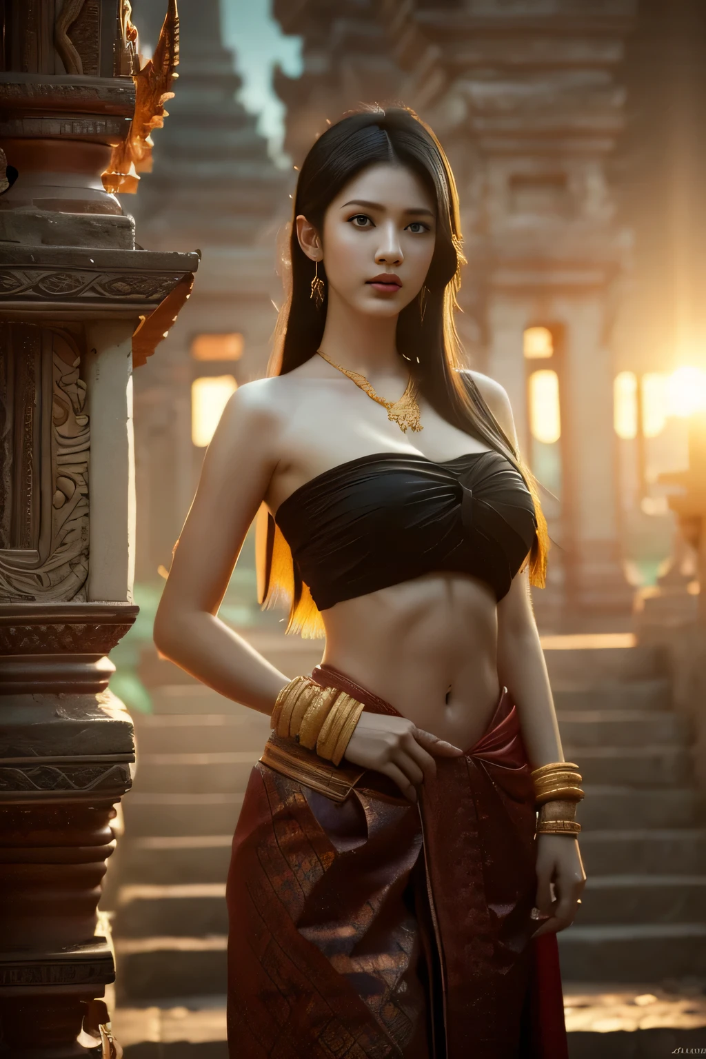 Belle fille ,Guerrière thaïlandaise, marcher au temple thaïlandais, Poses dynamiques, robe chut thaï, Chemise sans bretelles, cheveux longs,Yeux Noirs,Muscles abdominaux, corps potelé, Poitrine arrondie, ([poitrine imposante:1.3), clivage, le soleil du matin, Les yeux sur le public, (poses sexy), ((détails du visage)), Paupières doubles, déjà, Réaliste, chef-d&#39;œuvre, la plus haute qualité, reflet, ombre, Vieux Temple, temple, [[Aberration chromatique]], par Jeremy Lipking, par Antonio J.. Manzanedo, peinture numérique, HDR, contraste élevé
