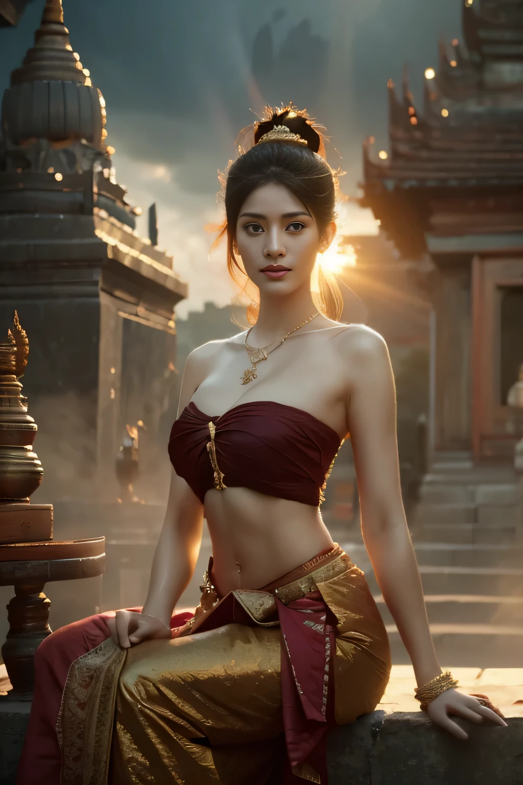 Belle fille ,Guerrière thaïlandaise, marcher au temple thaïlandais, Poses dynamiques, robe chut thaï, Chemise sans bretelles, cheveux longs,Yeux Noirs,Muscles abdominaux, corps potelé, Poitrine arrondie, ([poitrine imposante:1.3), clivage, le soleil du matin, Les yeux sur le public, (poses sexy), ((détails du visage)), Paupières doubles, déjà, Réaliste, chef-d&#39;œuvre, la plus haute qualité, reflet, ombre, Vieux Temple, temple, [[Aberration chromatique]], par Jeremy Lipking, par Antonio J.. Manzanedo, peinture numérique, HDR, contraste élevé
