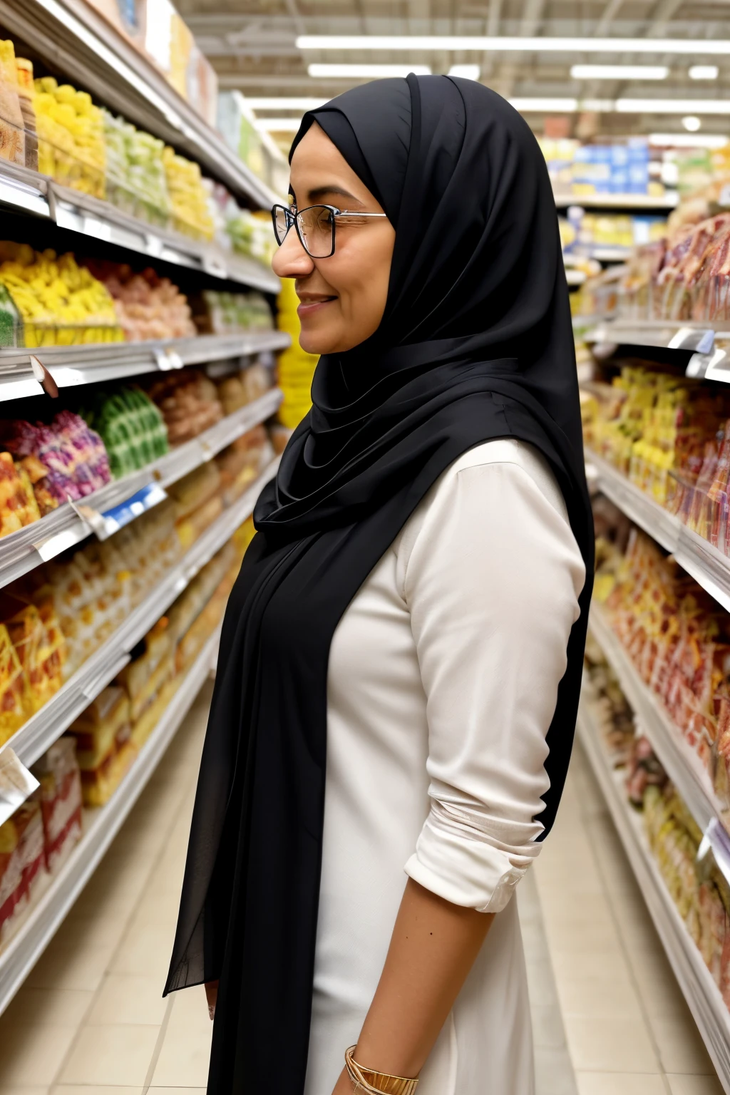 Woman in a black scarf standing in a grocery store aisle - SeaArt AI