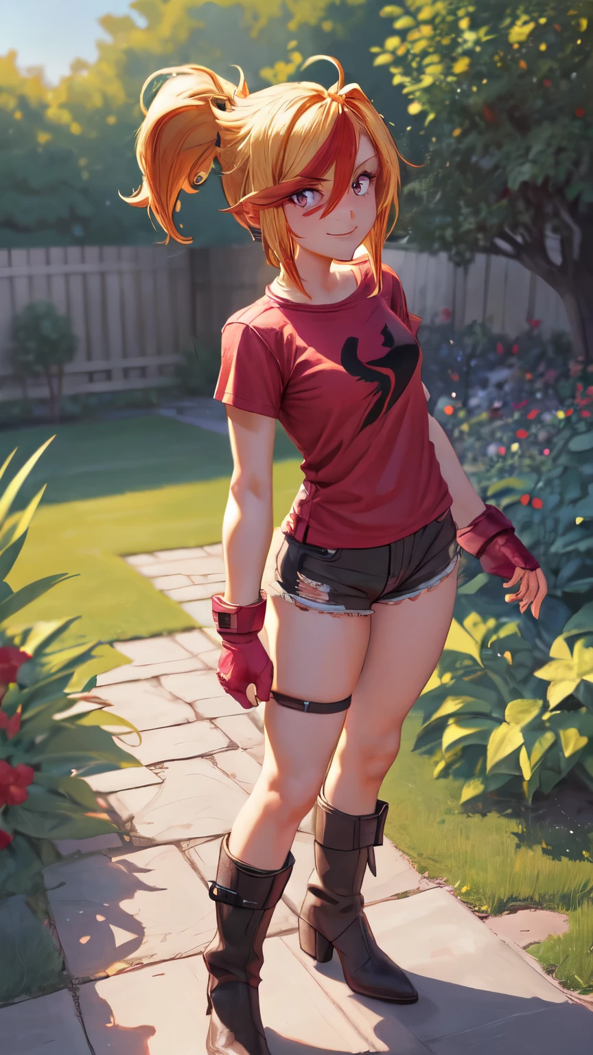 (best quality:1.2),solo,1girl,mdrin,smile,looking at viewer,lovely posel,v-shaped eyebrows,red shirt, fingerless gloves,black shorts , garden background, warm color tones,soft lighting, Hair over one eye, ultra long hair, standing on hooftop, long boots, long ponytail, blonde 