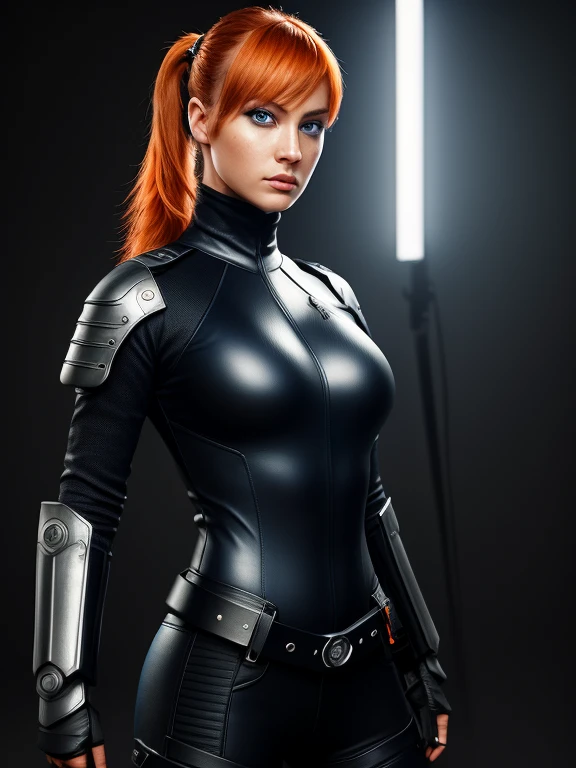 1girl, Sexy Experienced Cyberpunk Agent, ((32year old, dressed in a tight futuristic sci-fi bodysuit, cleavage, utility belt, armor, boots, medium breasts, short orange hair, pony tail styled hair, light skin, natural makeup, athletic body:1.3, detailed blue eyes:1.5, looking fiercely at the viewer:1.3, holding two pistols with both hands:1.2))  heroic pose, full-length, full body, fight scene, full-length, super face detail, Very detailed, 8k, dark tone, dark shadow, glow in the dark, game color correction, (HDR, UHD, k, best quality, RAW photo, best quality, masterpiece: 1.5), UHD, hd, k, hyperrealism, very detailed, hyperrealism, very detailed, in hyper-realistic detail, hyper-realistic full-body detail, high detailed, digital painting, trending on artstation, HD quality
