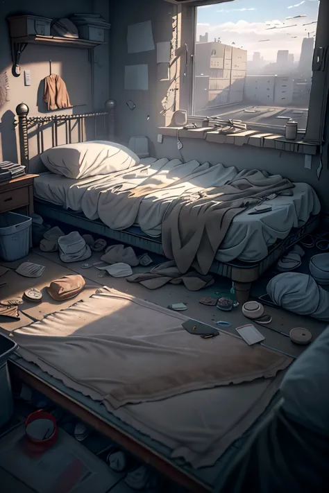 in this hyper-realistic depiction of a homeless bedroom, every detail is meticulously captured. from the worn-out mattress on th...