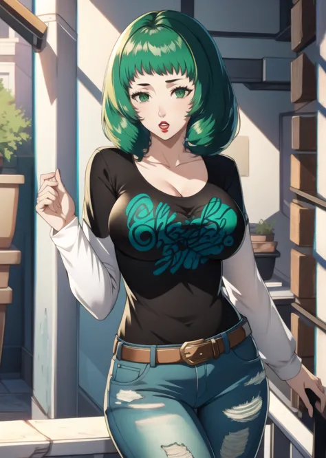 masterpiece, best quality, flayn, green hair, 1girl, solo, standing, black t-shirt, white shirt, jeans, belt, lipstick, large br...