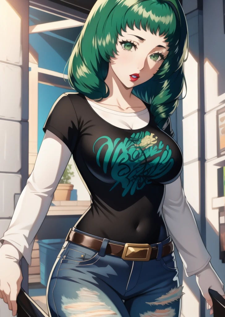 obra de arte, melhor qualidade, flayn, cabelo verde, 1 garota, Sozinho, de pé, camiseta preta, camisa branca, jeans, cinto, batom, seios grandes