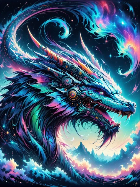 A dragon mixed with a nebula, hunting in a vibrant cosmic nebula with bright colors and swirling gas clouds. Watercolor, trendin...