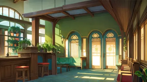 visual novel background, fantasy inn plants, front desk next to a bench with cushions, elven inn, fantasy inn, extremely detaile...