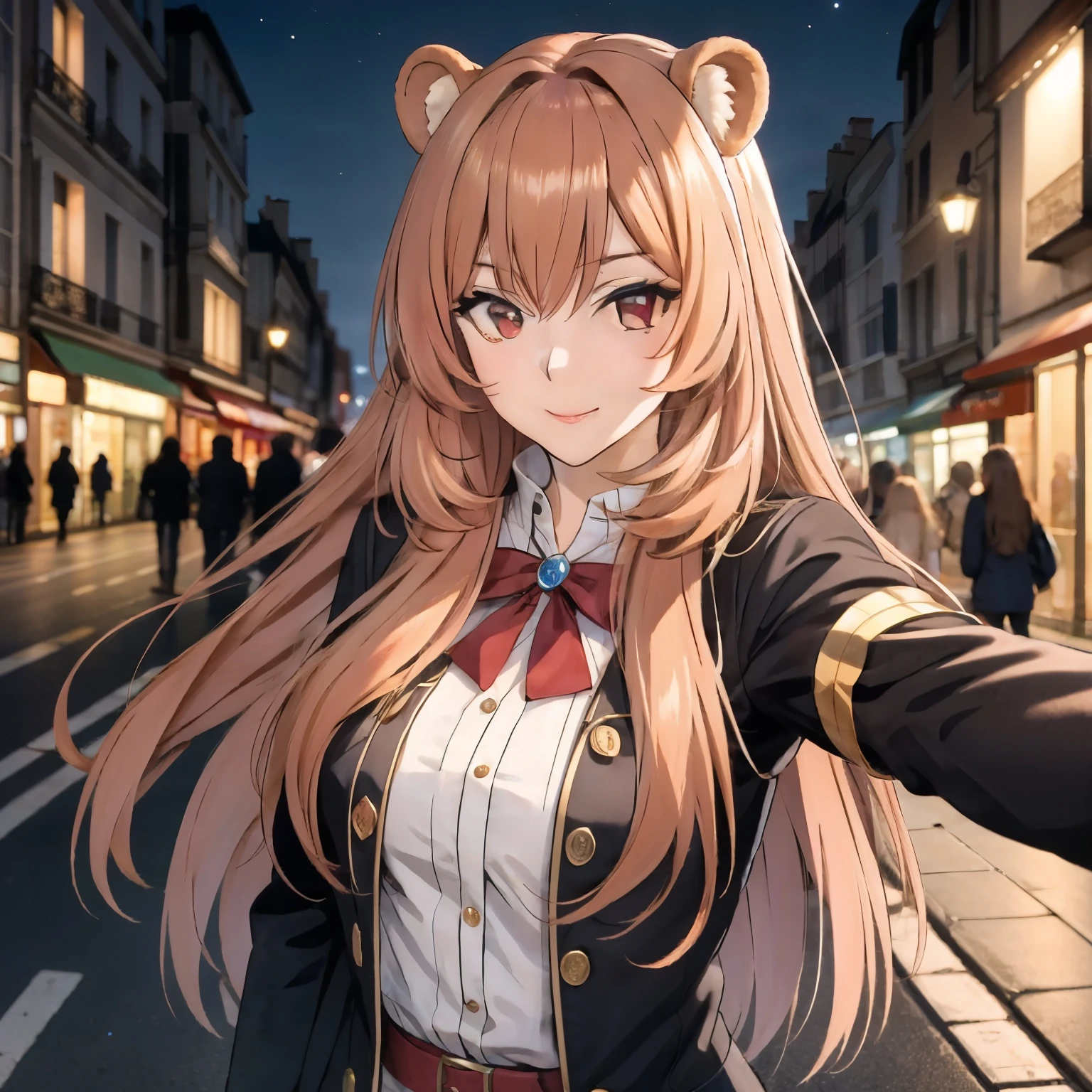 Raphtalia, attractive 25 year old woman, orejas de oso, cabello naranja brillante, detailed ruby red eyes, piel clara sonrisa, rubor, mirada dulce, ropa urbana escotada a, selfi background streets city paris france at night. selfi