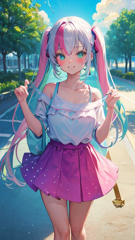 (rainbow colored hair, colorful hair, half silver、half pink hair: 1.2), ,long hair、16 years old、(Cinematic digital artwork: 1.3), high quality, table top, Turquoise eyes、最high qualityの, Super detailed, figure, [4K digital art]!!、 Kyoto animation style, one woman, clavicleの美しさ, clavicle, light, want, , positive, Dead leaves dance、（Ocean、sandy beach）、full moon、On a tree-lined street、taking a walk、((green、trendy clothes))、（（Scarlet、Polka dot unset, motivation, shine, dynamic perspective、Blue glasses、green色リボン、twin tails、embarrassed face、cute face、happy face