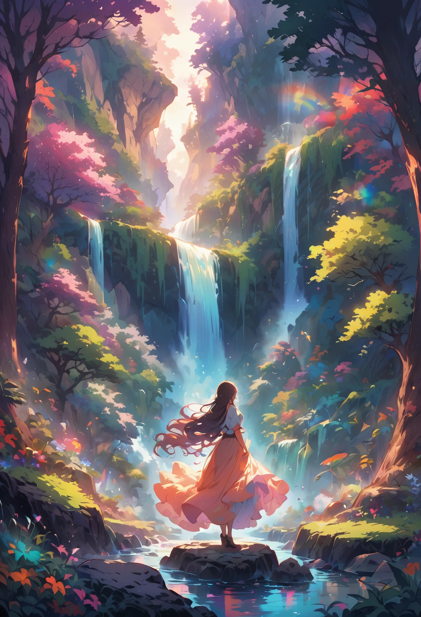 (beautiful woman,Woman with long flowing hair,woman wearing a flowing dress),(lush forest,towering tree々A dense forest,A forest filled with sunlight filtering through the leaves),(majestic waterfall,Waterfall cascading down rocks,waterfall with fog),(Vivid rainbow,rainbow stretching in the sky,Bright colorsの虹),(oil,impressionist style),(Bright colors,warm tones),(soft sunlight,illuminate the scene,create a magical atmosphere)