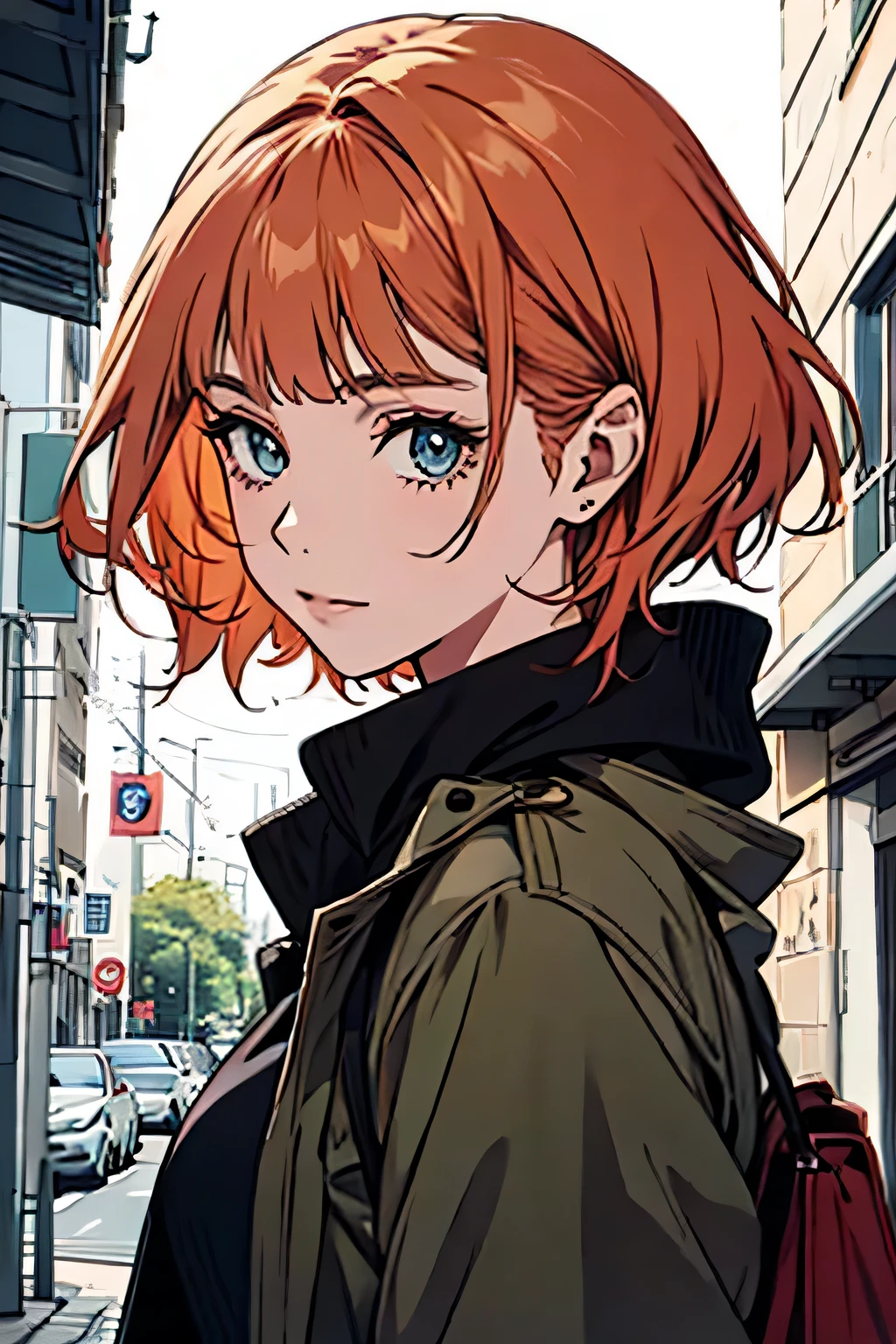 A girl, strawberry blonde short hair, modern coat, charming cute face, friendly, 