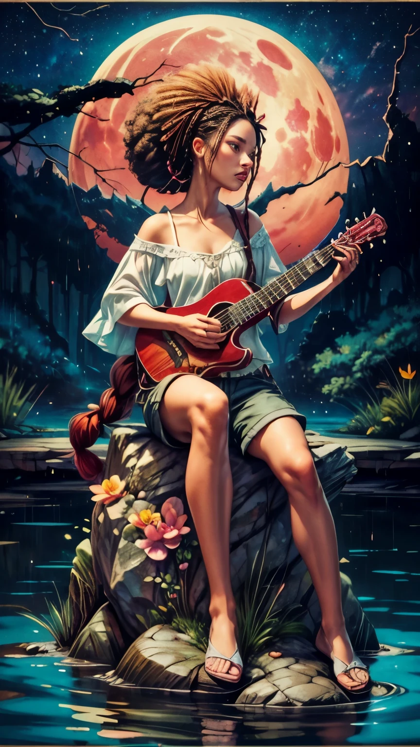 Ikonische Enkaustik-Kunstmalerei, tropfende raue Leinwand, wax Meisterwerk, Buntstift-Hintergrund, komplexe Doppelbelichtungsszene, düsterer Wahnsinn, Schön lady playing guitar, Nachtlandschaft am Hudson River, Rote, goldene und türkisfarbene Blumen, Blumen rosa Orchideen, filmisch, konturierter Hyperrealismus, Surrealismus, von Royo, Übertragen, Mumford, Märchen, Fantasie, dynamische pose, tender, Atmosphärisch, scharfer Fokus, zentrierte Komposition, komplexer Hintergrund, soft haze, Meisterwerk. Schön, kleines Detail, aufgeknöpfte Shorts, tank top, Brünette lateinische Frau, langes Afro-geflochtenes Haar, Afro-Frisur, Schwarzes und afro geflochtenes Haar, blazo milchstraße nachthimmel, rote Wolken bei Sonnenuntergang, dark rote Wolken bei Sonnenuntergang, musikalische Symbole in der Luft, surreale Kunst, Überbelichtung Kunst, Mädchen sitzt auf einer Felsenbank, Garten bei Nacht, lamp and lantern, Blumen und Teich, Einrahmen von Felsen, Äste verheddern sich im Rahmen aus Steinen, nasse Aquarellkunst, Aquarell tropfte, rot lackierte Nägel, Milchstraße neben riesigem Vollmond,