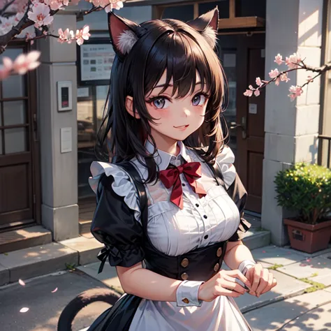 masterpiece、highest quality、8K、cute、cat ear maid、cherry blossoms、petal、smile