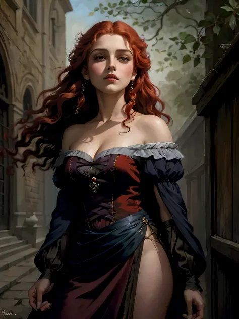pintura de uma mulher com cabelo vermelho e um estrangulamento em um vestido preto, Estilo de arte de John Collier, Donzela com ...