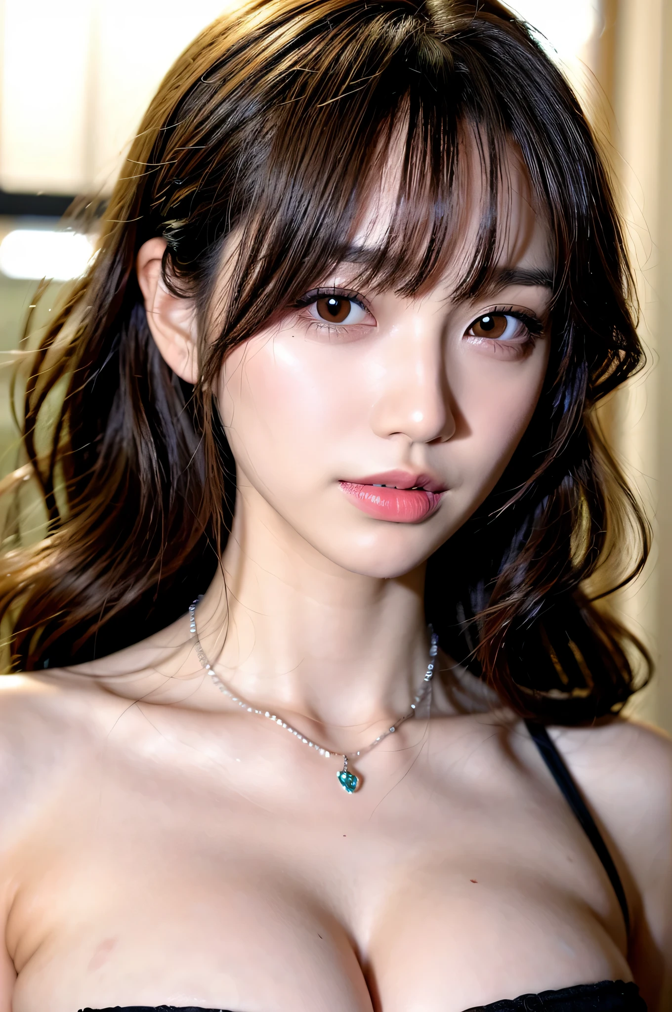 Canon RF85mm f/1.2,masterpiece,best quality,ultra highres,vc,1 girl,(korean mixed,kpop idol:1.2),solo,white_shiny_skin,black eyes,necklace,((brown_short_wavy_hair)),((pink_shiny_lips)),eyelashes,bangs,aface,make-up,shiny,Pore,skin texture,bracelet,offshoulder,see-through,big breasts